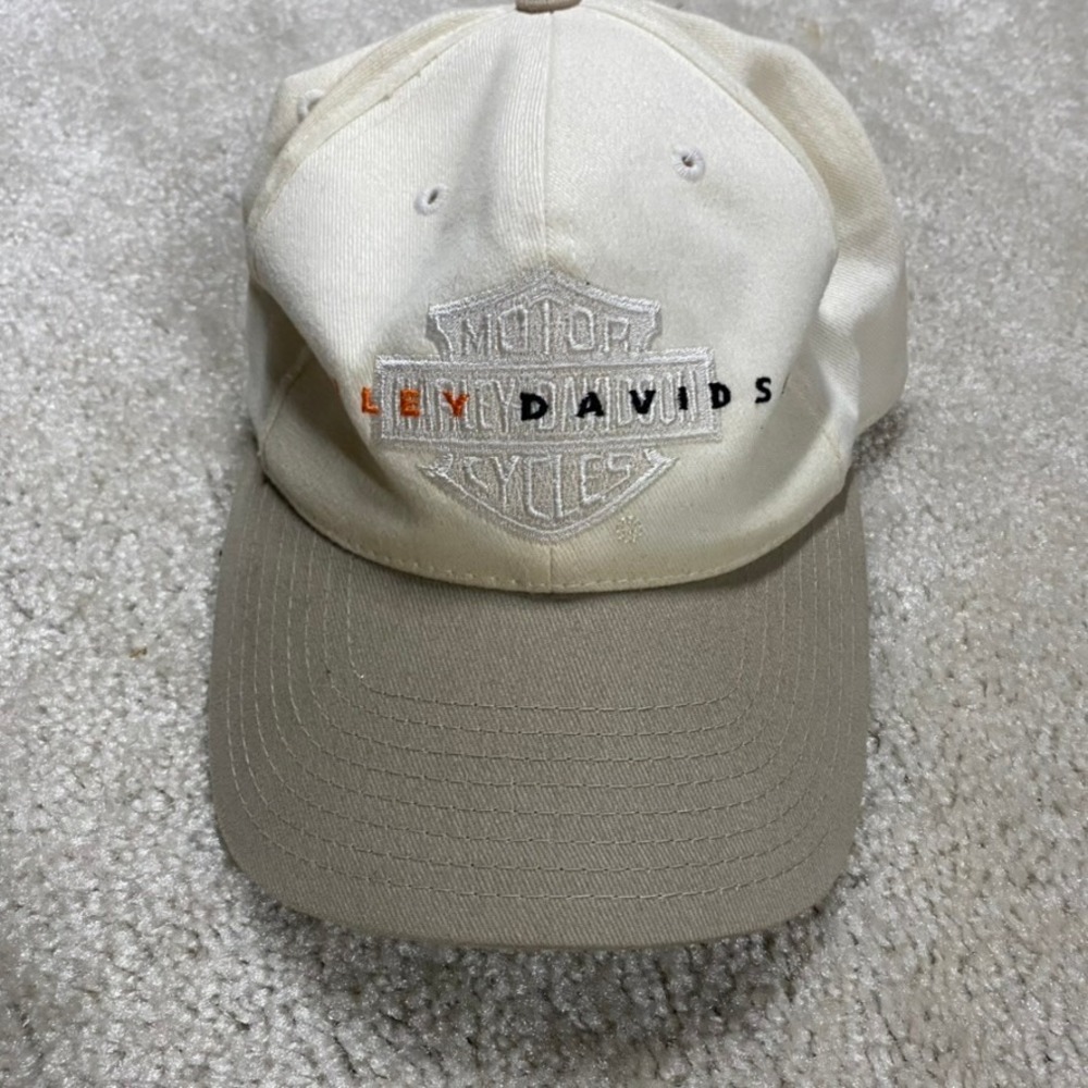 VTG Harley Davidson Hat American Needle Cream Tan Strapback Biker Cap